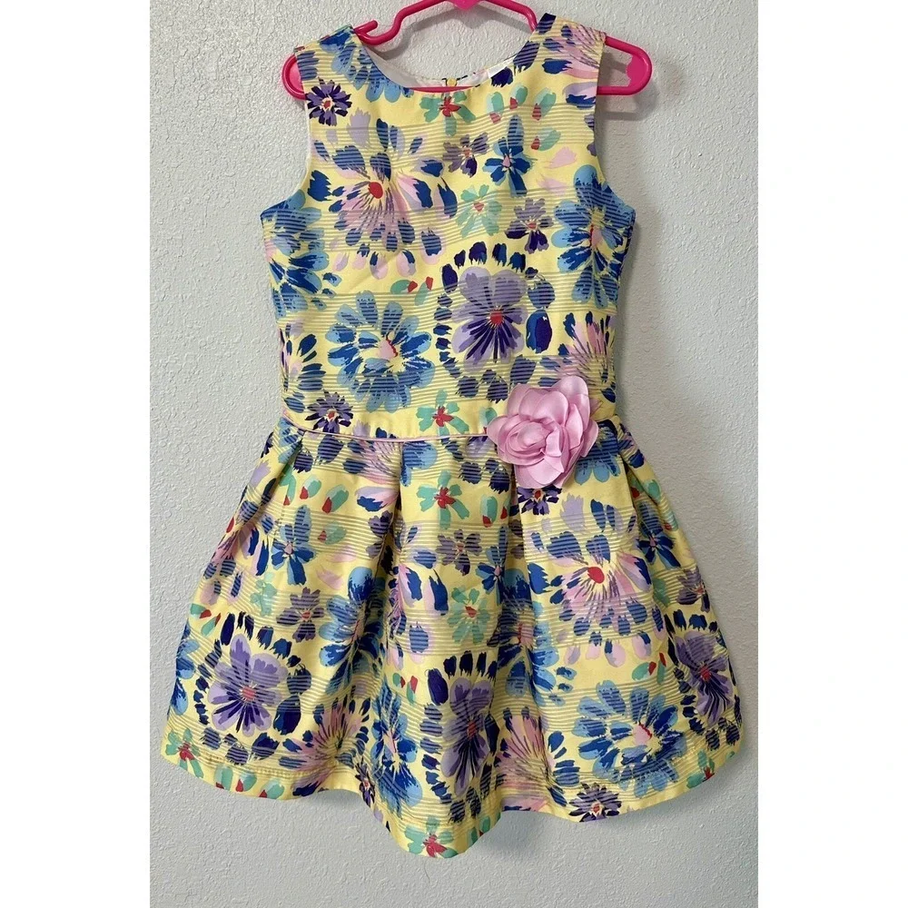 Wonder Nation Girls Yellow Floral Print Dress with Flower Accent Size 6